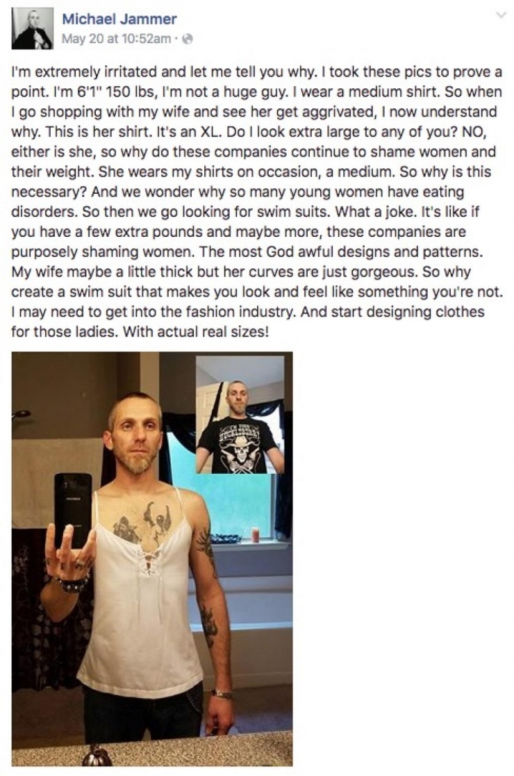 Illustration de l'article : He puts on his wife’s top and publishes this shocking message on Facebook! Finally, a guy who can sympathize...