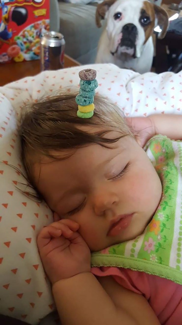 Illustration de l'article : Dads have a new challenge on the internet: stacking the most Cheerios on their sleeping babies!
