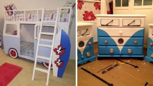 Illustration : "Recycled and made over furniture and VW buses for your total enjoyment!"