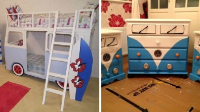 Illustration : "Recycled and made over furniture and VW buses for your total enjoyment!"