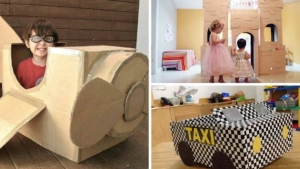 Illustration : "Here are 15 ideas for kids' toys to make with some cardboard boxes... Some genius ideas!"