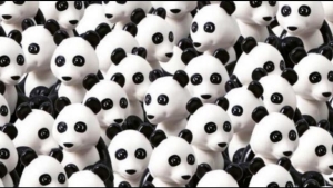 Illustration : "It took me more than 30 seconds to find the dog hidden in the middle of these pandas. What about you?"