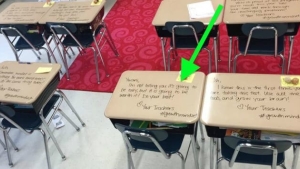 Illustration : "This teacher likes to scribble notes on all her students’ desks, just before a test! But see what she wrote:"