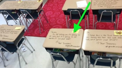 Illustration : "This teacher likes to scribble notes on all her students’ desks, just before a test! But see what she wrote:"