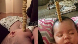 Illustration : "Dads have a new challenge on the internet: stacking the most Cheerios on their sleeping babies!"