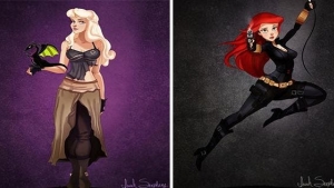 Illustration : "When Disney princesses dress in the costumes of 11 pop culture heroines!"