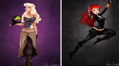 Illustration : "When Disney princesses dress in the costumes of 11 pop culture heroines!"