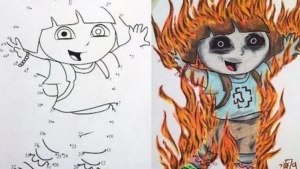 Illustration : "24 parents who decided to liven up their kids' coloring books with hilariously gory results!"